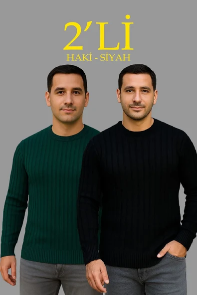 Erkek Fitilli Triko Kazak 2’li Set Siyah Haki Kalın Dokuma Pamuklu Regular Fit Bisiklet ürün görseli 1
