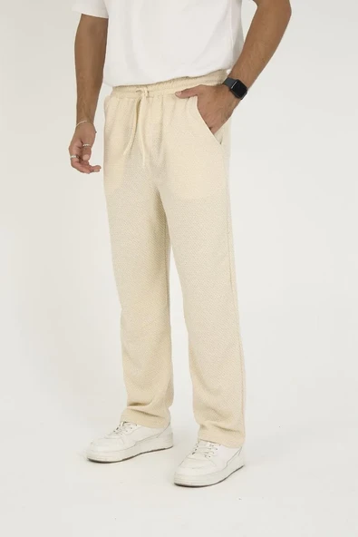 Erkek Jakar Kutu Desenli Baggy Eşofman Pantolon - Bej ürün görseli 1