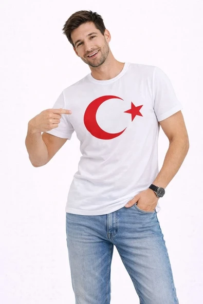 Erkek T-shirt Kısa Kol Bisiklet Yaka Ay Yıldız Bayrak Baskılı Tişört - Beyaz ürün görseli 1