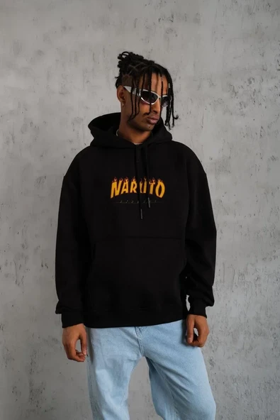 Erkek Baskılı Kapüşonlu 3 İplik Pamuklu Hoodie Sweatshirt - Siyah ürün görseli 1