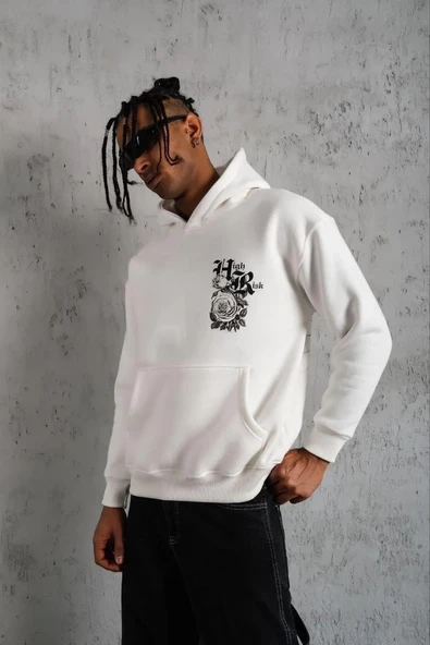 Erkek 3 İplik Pamuklu Kapüşonlu Baskılı Cepli Oversize Sweatshirt Hoodie - Beyaz ürün görseli 1