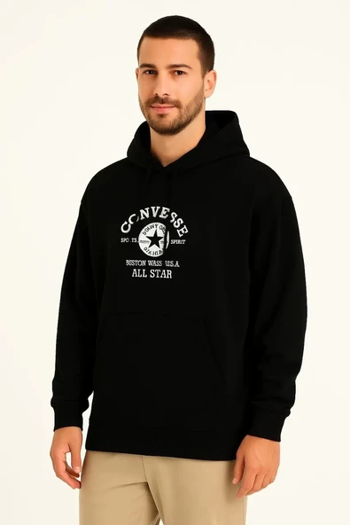 Erkek Kapüşonlu Kanguru Cepli Sweatshirt 3 İplik Pamuklu Baskılı Hoodie - Siyah ürün görseli 1