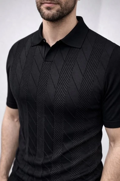 Erkek Yazlık Triko Dokuma Tişört Kısa Kol Polo Yaka T-shirt - Siyah ürün görseli 1