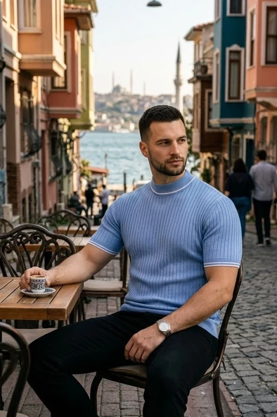 Erkek Fitilli Triko Dokuma Kısa Kol Tişört Yarım Boğaz Modern Yazlık T-shirt - Bebe Mavisi ürün görseli 1