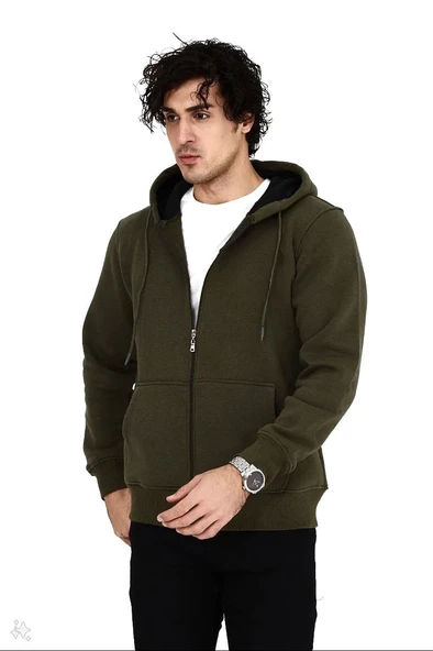 Erkek 3 İplik Pamuklu Kapüşonlu Tam Fermuarlı Cepli Hoodie Sweatshirt - Haki ürün görseli 1