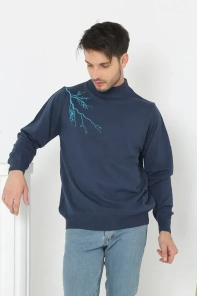 Erkek Yarım Bağazlı Kazak Baskılı Dokuma Triko - Indigo ürün görseli 1