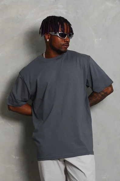 Erkek Düz Yazlık Kısa Kol Tişort Bisiklet Yaka Ovarsize T-shirt -  Füme ürün görseli 1