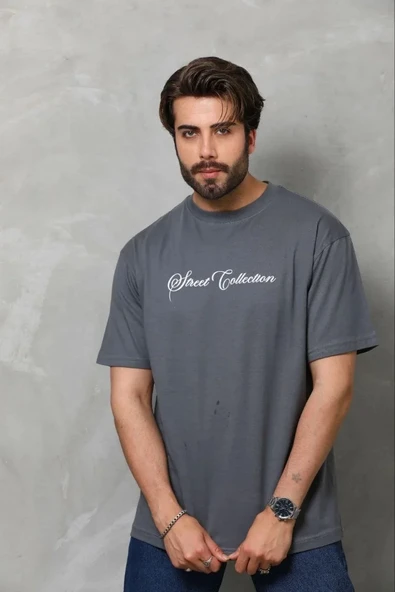 Erkek Baskılı T-shirt Kısa Kol Bisiklet Yaka Regular Fit Rahat Kalıp Günlük Tişört - Füme ürün görseli 1