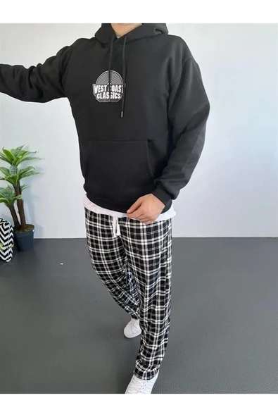 Erkek Oversize Üç İplik Kapüşonlu Sweatshirt  - Siyah ürün görseli 1