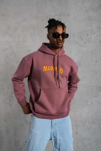 Erkek 3 İplik Pamuklu Kapüşonlu Baskılı Cepli Oversize Sweatshirt Hoodie - Gül Kurusu ürün görseli 1