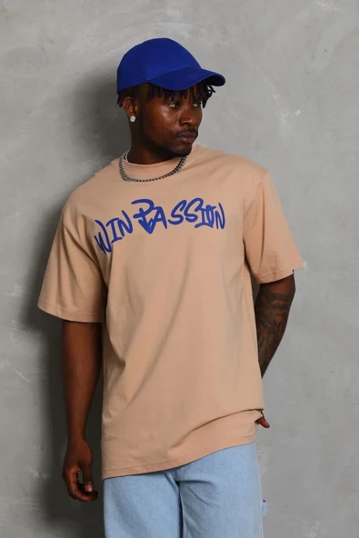 Erkek Baskılı Tişort Kısa Kol Bisiklet Yaka Ovarsize T-shirt -  Bej ürün görseli 1