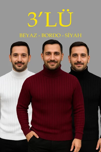 Erkek Fitilli Kazak Tam Boğazlı Balıkçı Yaka Triko 3'lü Set Beyaz-bordo-siyah ürün görseli 1