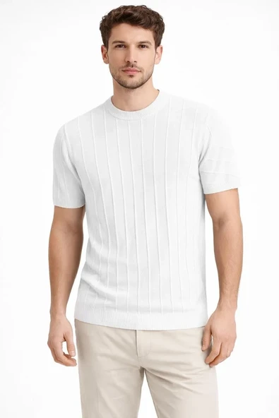 Erkek Yazlık Fitilli Triko Tişört Kısa Kol Bisiklet Yaka T-shirt - Beyaz ürün görseli 1