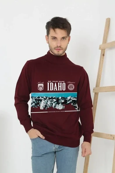 Erkek Yarım Bağazlı Kazak Baskılı Dokuma Triko - Bordo ürün görseli 1