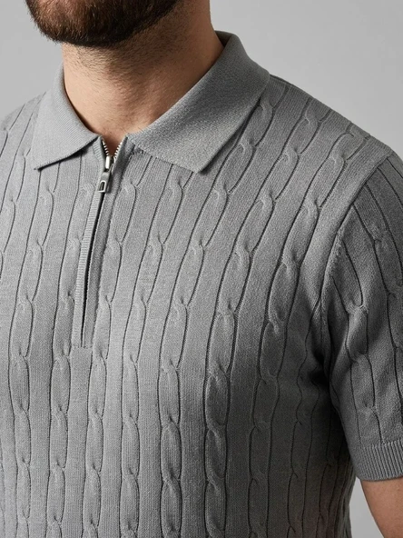 Erkek Yazlık Triko Saç Örgü Tişört Kısa Kol Polo Yaka Fermuarlı T-shirt - Gri ürün görseli 1