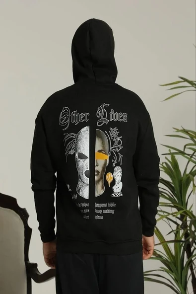 Erkek 3 İplik Pamuklu Kapüşonlu Baskılı Cepli Oversize Sweatshirt Hoodie - Siyah ürün görseli 1