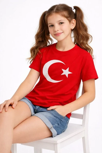 Kız Çocuk Tişört Bisiklet Yaka Ay Yıldız Bayrak Baskılı T-shirt - Kırmızı ürün görseli 1