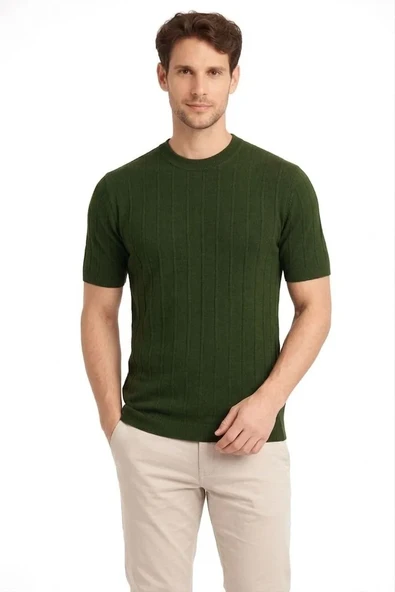 Erkek Yazlık Fitilli Triko Tişört Kısa Kol Bisiklet Yaka T-shirt - Haki ürün görseli 1