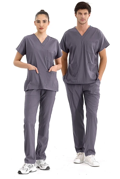 ÇİZGİ MEDİKAL Kurşuni Gri Lüks Likralı Greys Alt Üst Takım Doktor Hemşire Scrubs Üniforma ürün görseli 1