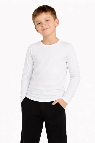 Erkek Çocuk Basic Uzun Kollu Tişört Okul Günlük Rahat T-shirt - Beyaz ürün görseli 1