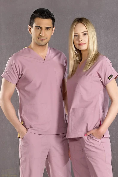 ÇİZGİ MEDİKAL Gül Kurusu Doktor Hemşire Forması Scrubs Dr Greys Likralı Takım (esnek Kumaş) ürün görseli 1