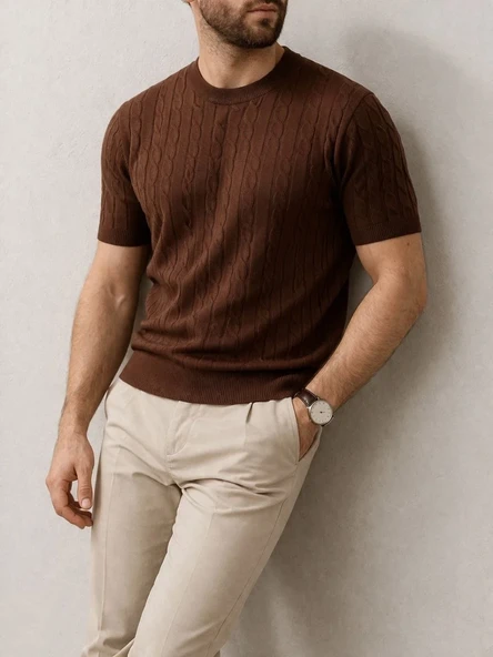 Erkek Yazlık Triko Dokuma Tişört Kısa Kol Bisiklet Yaka Örgü Desenli T-shirt - Kahverengi ürün görseli 1
