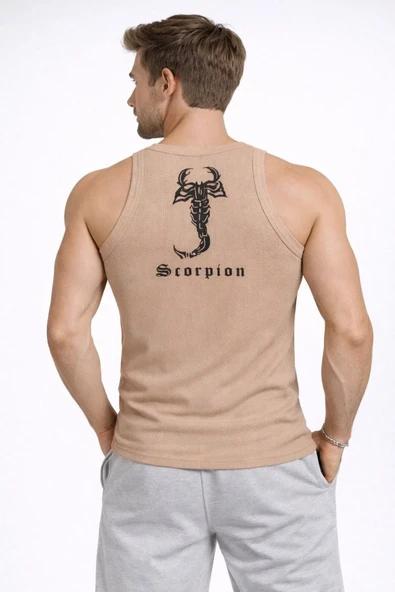 Erkek Fitilli Atlet Sıfır Yaka Slim Fit Arka Baskılı Spor Atlet - Bej ürün görseli 1