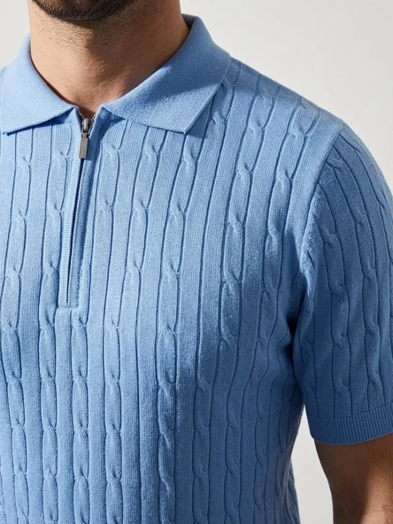 Erkek Yazlık Triko Saç Örgü Tişört Kısa Kol Polo Yaka Fermuarlı T-shirt - Bebe Mavisi ürün görseli 1