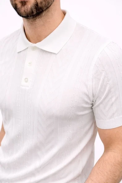 Erkek Yazlık Triko Tişört Kısa Kol Polo Yaka Düğmeli T-shirt - Beyaz ürün görseli 1