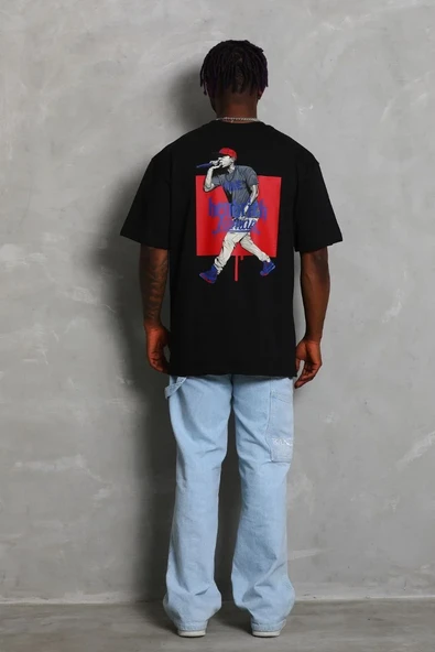 Erkek Baskılı Tişort Kısa Kol Bisiklet Yaka Ovarsize T-shirt - - Siyah ürün görseli 1
