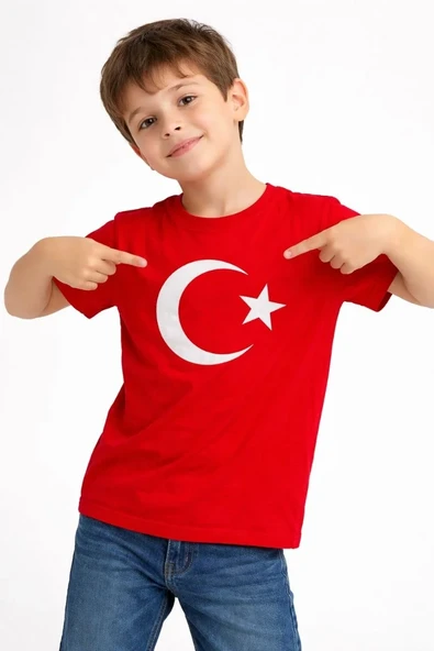 Erkek Çocuk Tişört Bisiklet Yaka Ay Yıldız Bayrak Baskılı T-shirt - Kırmızı ürün görseli 1