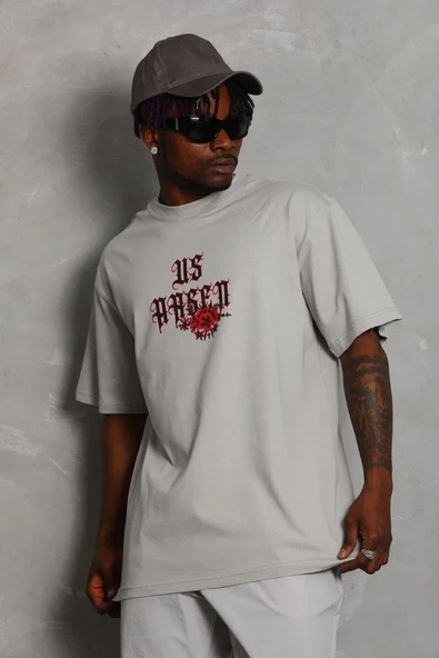 Unisex Oversize Baskılı Bisiklet Yaka T-shirt - Gri ürün görseli 1