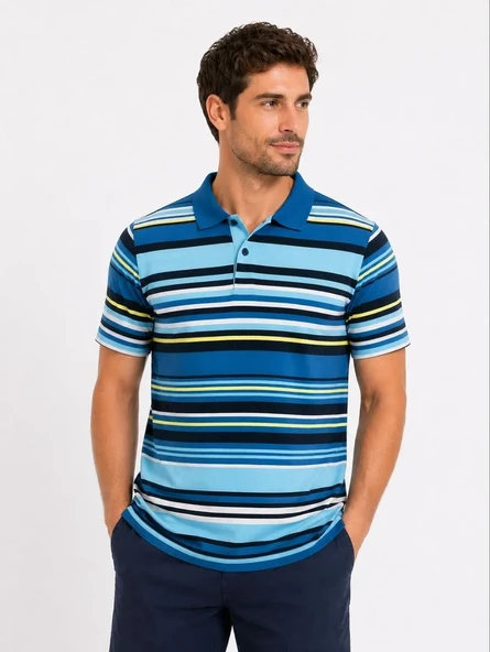 Erkek Çizgili Polo Yaka Tişört Kısa Kol Yazlık T-shirt Regular Fit - Mavi ürün görseli 1