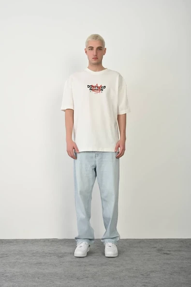 Unisex Bisiklet Yaka Baskılı Oversize T-shirt - Beyaz ürün görseli 1