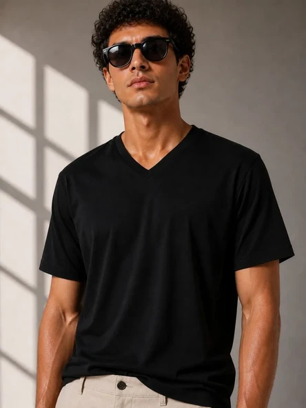Erkek V Yaka Basic Tişört Kısa Kol Yazlık Regular Fit T-shirt - Siyah ürün görseli 1