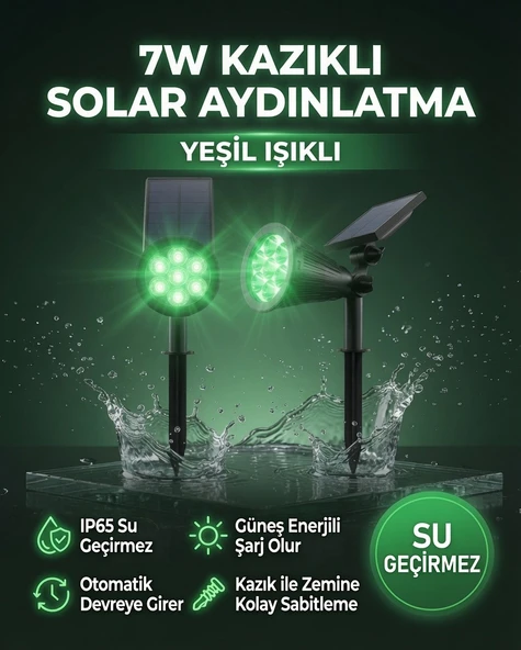 7W Kazıklı Solar Bahçe Aydınlatması Yeşil Işıklı | IP65 Su Geçirmez | Güneş Enerjili Çim Lambası | Otomatik ürün görseli 1
