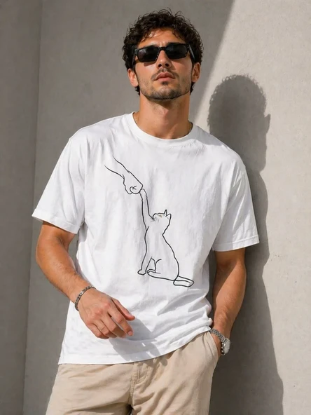 Erkek Minimal Kedi Çizim Baskılı Tişört Kısa Kol Yazlık T-shirt - Beyaz ürün görseli 1