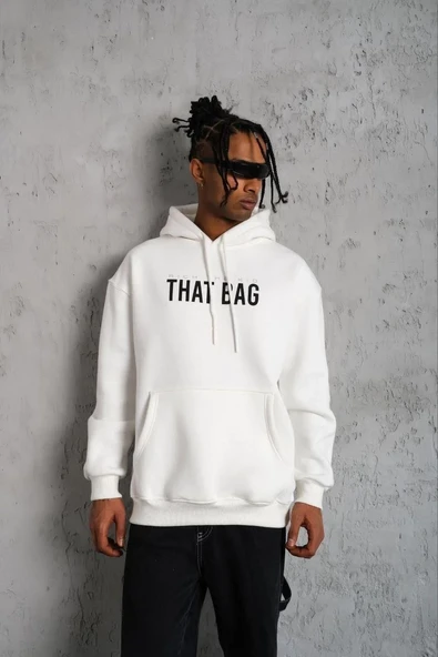 Erkek Kanguru Cep Baskılı Kapüşonlu Sweatshirt - Beyaz ürün görseli 1