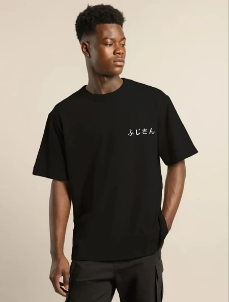 Unisex Bisiklet Yaka Baskılı Oversize T-shirt - Siyah ürün görseli 1