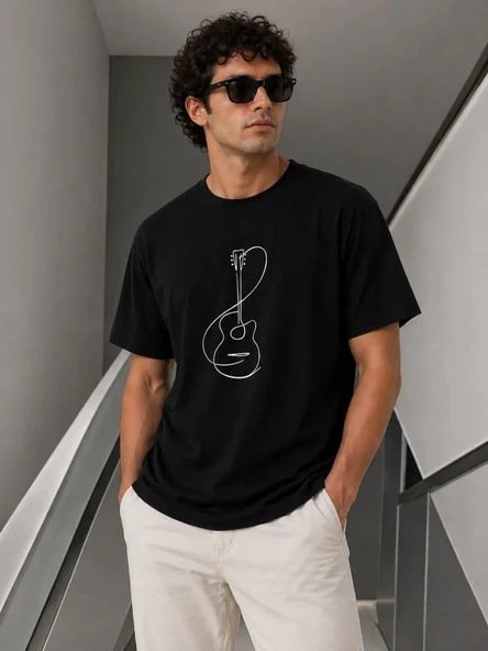 Erkek Minimal Gitar Baskılı Tişört T-shirt Yazlık Kısa Kol Bisiklet Yaka T-shirt - Siyah ürün görseli 1