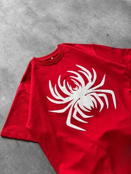 Erkek Örümcek Baskılı Tişört Kısa Kollu Bisiklet Yaka T-shirt - Kırmızı ürün görseli 1