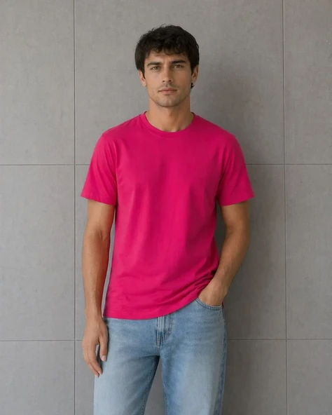 Erkek Basic Pamuklu Tişört Bisiklet Yaka Düz Renk Regular Fit T-shirt - Fuşya ürün görseli 1