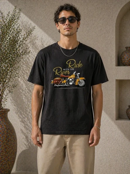 Erkek Motosiklet Baskılı Tişört Bisiklet Yaka Kısa Kol Yazlık T-shirt - Siyah ürün görseli 1