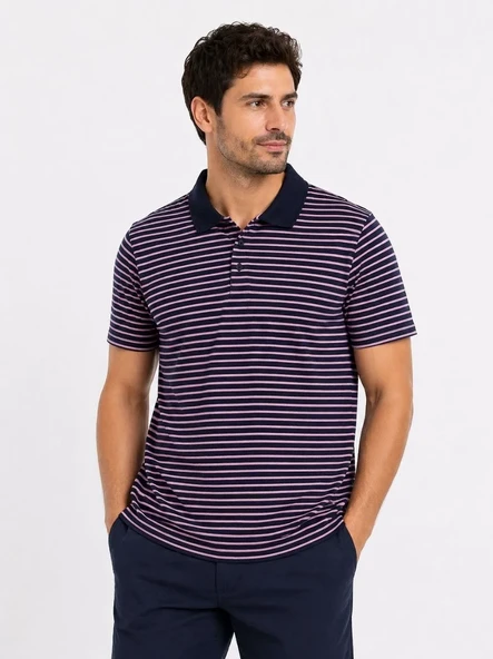 Erkek Pike Kumaş Gül Kurusu Çizgili Polo Yaka Tişört Kısa Kol T-shirt - Siyah ürün görseli 1