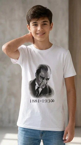 Erkek Çocuk Atatürk Baskılı Tişört Kısa Kollu Bisiklet Yaka T-shirt - Beyaz ürün görseli 1