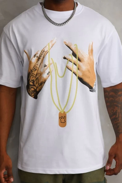 Unisex Baskılı Oversize T-shirt - Beyaz ürün görseli 1