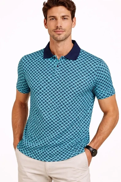 Erkek Pike Kumaş Polo Yaka Desenli Tişört Kısa Kol Yazlık T-shirt - Turkuaz ürün görseli 1