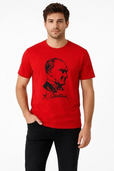 Erkek Atatürk Baskılı Tişört Kısa Kollu Bisiklet Yaka T-shirt - Kırmızı ürün görseli 1