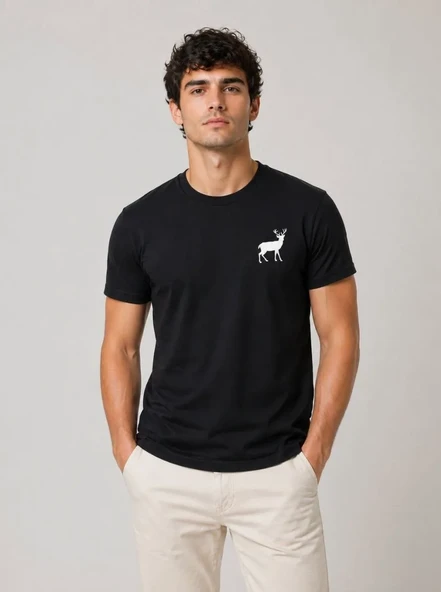 Erkek Minimal Geyik Logolu Tişört Bisiklet Yaka Kısa Kol Yazlık T-shirt - Siyah ürün görseli 1