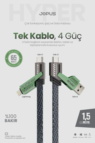 4in1 65W PD Hızlı Şarj Kablosu iPhone Android Uyumlu Type C Lightning Kumaş Örgü Data Pro 1.5 Metre ürün görseli 1